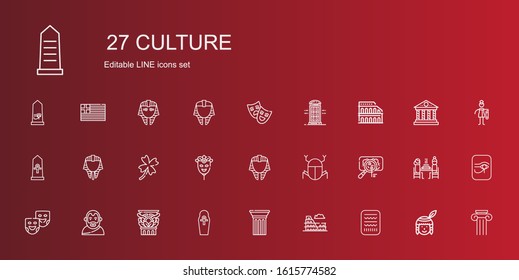 culture icons set. Collection of culture with egypt, colosseum, column, aristotle, theater masks, virus, egyptian, mask, clover, phone booth. Editable and scalable culture icons.