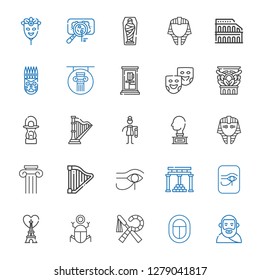 culture icons set. Collection of culture with plato, egypt, eiffel tower, temple of apollo, harp, column, egyptian, sculpture, bast, lantern. Editable and scalable culture icons.