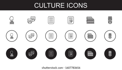 culture icons set. Collection of culture with sculpture, theater masks, egypt, colosseum, mask. Editable and scalable culture icons.
