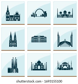 Culture icons set with taj mahal, cologne cathedral, and other india mosque elements. Isolated vector illustration culture icons.