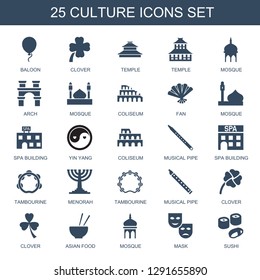 culture icons. Trendy 25 culture icons. Contain icons such as baloon, clover, temple, mosque, arch, Coliseum, fan, spa building, yin yang, musical pipe. culture icon for web and mobile.