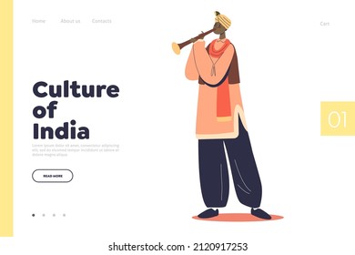 Culture of India concept of landing page with indian artist musician man playing on shehnai. Indian tradition, art and music. Cartoon flat vector illustration svg