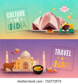 Culture of india horizontal banners set with taj mahal and lotus temple cartoon isolated vector illustration