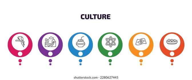culture infographic template with icons and 6 step or option. culture icons such as aw on a branch, tuscany, kalabas, david, brazil flag, beef and garlic vector. can be used for banner, info graph,