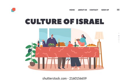 Culture of Israel Landing Page Template. Happy Jewish Family with Kid Having Dinner or Celebrate Holiday. Parents Mother, Father and Child Wear Kippah Sitting at Table. Cartoon Vector Illustration