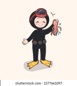 Culture Of Jeju Haenyeo (women Divers). Jeju Island Illustration. Female Diver Character