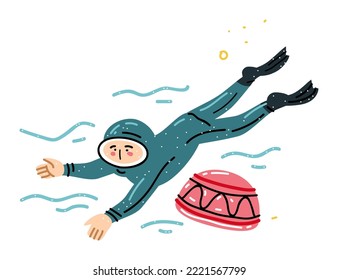 Culture of Jeju Haenyeo. Young scuba diver splashes in the water with fish and octopus. Flat cartoon vector illustration