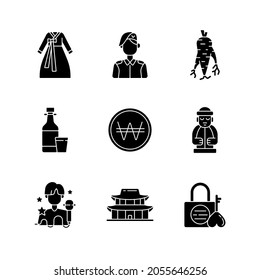 Culture of Korea black glyph icons set on white space. Hanbok clothing. Ginseng root. Jeju island statue. K pop. Gyeongbok palace. Namsan love lock. Silhouette symbols. Vector isolated illustration