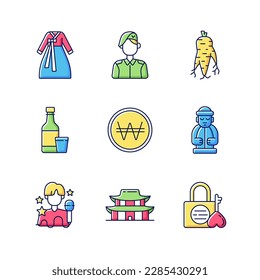 Culture of Korea RGB color icons set. Hanbok clothing. Korean military. Ginseng root. Soju drink. Won coin. Jeju island statue. K pop. Gyeongbok palace. Namsan love lock. Isolated vector illustrations