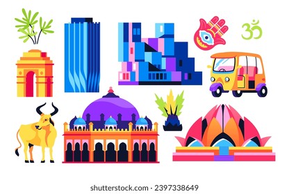 Culture and landmark of India - flat design style objects set. High quality colorful images of Lotus Temple, Akshardham and Gateway of India in New Delhi, Hamsa amulet, taxi tuk-tuk and holy cow