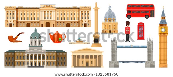 Culture, landmarks, attractions of London,
Great Britain, United Kingdom. Museum, Big Ben, Trafalgar Square,
Buckingham Palaces, University of Oxford, double-decker transport
bus. Vector
illustration.