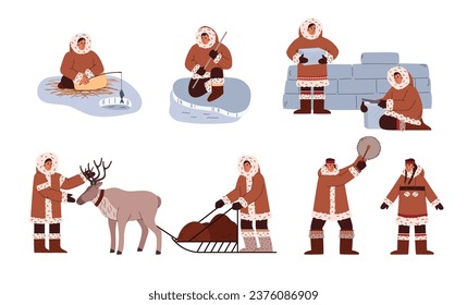 Culture and life traditions at the north pole cartoon vector illustrations set. Arctic people in Eskimos clothing. Construction icehouse, entertainment. Reindeer sleigh with sled, hunting and fishing