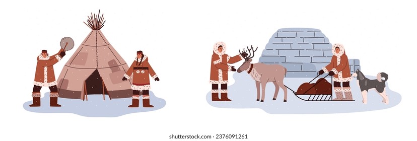 Culture and life traditions at the north pole cartoon vector illustrations set. Arctic people in traditional Eskimos clothing. Icehouse and awning, Husky dog. Reindeer sleigh with sled, entertainment