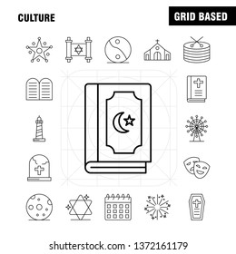 Culture Line Icons Set For Infographics, Mobile UX/UI Kit And Print Design. Include: Drum, Hand, Instrument, Music, Religion, Commandments, Faith, Pray, Icon Set - Vector