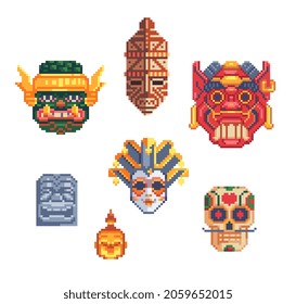 Las máscaras culturales. Máscara tribal étnica africana, carnaval, cabeza gigante ravana. Símbolos rituales. Iconos de arte de píxeles establecidos. Juego de activos de 8 bits. Ilustración vectorial aislada.