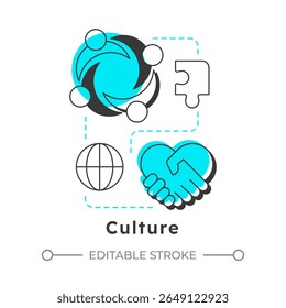 Culture modern linear concept icon. Shared values, beliefs, behaviors. Nadler Tushman congruence framework. Flat outline elements connected with dotted lines. Creative visual. Easy to edit