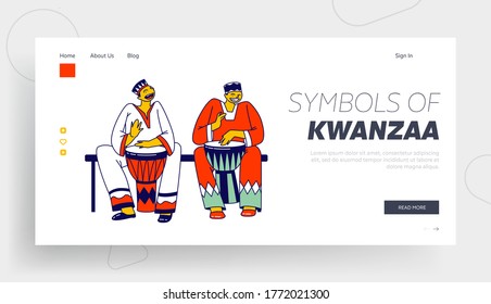 Culture and Music of Africa Landing Page Template. African Male Characters in National Clothes Playing Jembe Drums for Folk Festival or Kwanzaa Holiday Celebration. Linear People Vector Illustration