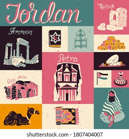 Cultura y color nacional de Jordania. Colección de símbolos ilustrados y puntos de referencia del país en estilo retro