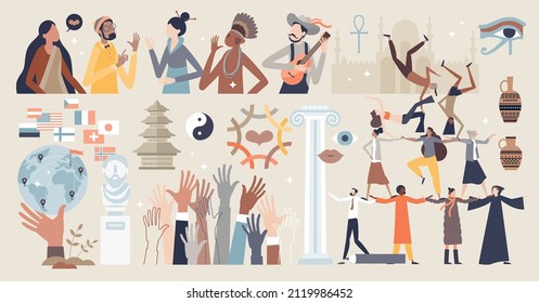 Culture or nationality items with historical motif tiny person collection set. Ethnic and tribal elements with traditional clothes, race characteristics and regional traditions vector illustration.