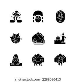 Culture of Nepal black glyph icons set on white space. Trekking destination. Earthquake risk. Religious sites. Nepalese festivals. Yomari dumpling. Silhouette symbols. Vector isolated illustration