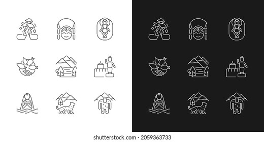 Culture of Nepal linear icons set for dark and light mode. Trekking destination. Earthquake. Religious sites. Customizable thin line symbols. Isolated vector outline illustrations. Editable stroke