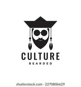 culture old man bearded chinese face headgear cool logo design vector icon illustration