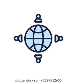 Kultur, Menschen Vektorsymbol. Internationales Team und ein Globus. Staatsangehörigkeit, soziale Fragen, Gleichberechtigung, Hilfe oder Unterstützung der Angestellten, Pflege in der Gemeinde, Alter und kulturelle Vielfalt, Gruppe der Menschen sparen