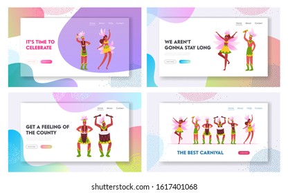 Culture Performance with Drums and Samba Dancers Website Landing Page Set. Talented Musicians and Dancing Girls Characters Performing on Rio Carnival Web Page Banner. Cartoon Flat Vector Illustration