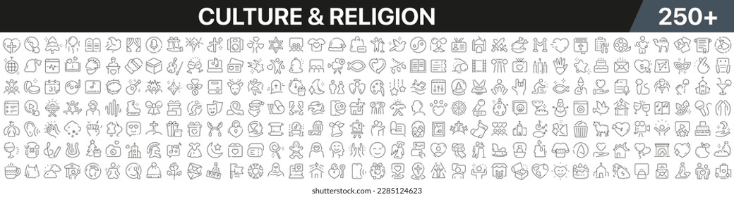 Culture and religion linear icons collection. Big set of more 250 thin line icons in black. Culture and religion black icons. Vector illustration