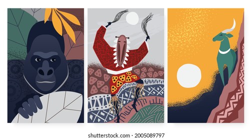 Culture symbols from Africa, tribal ethnic decorative pattern, wall art decor vector illustration. Cartoon dancing aborigine shaman on ceremony, gorilla, antelope kudu animals in african posters set