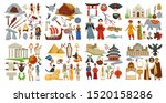 Culture and symbols of Greek and Japanese, Chinese and Antiquity vector. Cave and tools used in ancient ages. Architecture of china and india. Drakkars and vikings times. Taj mahal and torru gate
