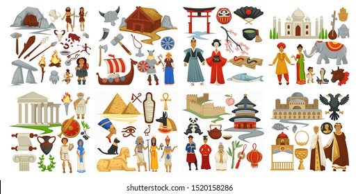 Culture and symbols of Greek and Japanese, Chinese and Antiquity vector. Cave and tools used in ancient ages. Architecture of china and india. Drakkars and vikings times. Taj mahal and torru gate