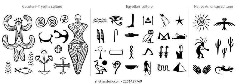 Cucuteni–Trypillia culture symbols vector set. Egyptian hieroglyphs isolated on white. Kokopelli fertility deity, hand with a spiral symbol on the palm, eagle or raven bird,  lizard, sun and cacti. 