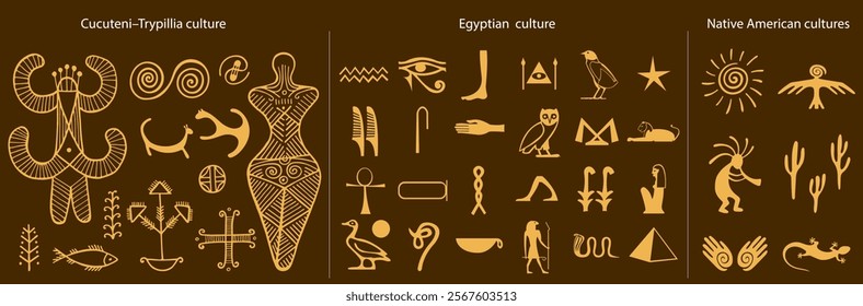 Cucuteni–Trypillia culture symbols vector set. Egyptian hieroglyphs isolated collection. Kokopelli fertility deity, hand with a spiral symbol on the palm, eagle or raven bird, lizard, sun and cacti. 