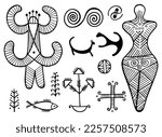 Cucuteni–Trypillia culture symbols vector set. Traditional Ukrainian Easter Egg sumbols. Woman goddness figurine from trypillia culture. Сlay fertility goddess fetish illustration Berehynia woman icon
