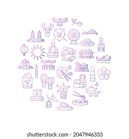 Culture of Taiwan circle layout with outline gradient icons. Taiwanese items. Elements for travel agent and guide. Purple gradient symbol. Isolated vector stock illustration
