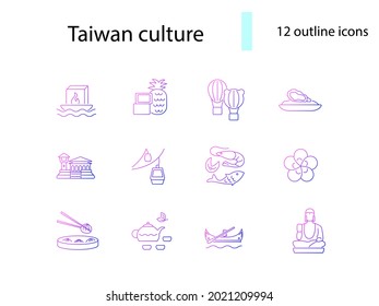 Culture of Taiwan outline icons set. Taiwanese items. Elements for travel agent and guide. Purple gradient symbol. Isolated vector stock illustration