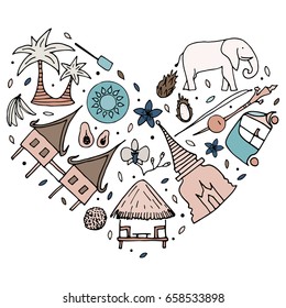 Culture of Thailand. Hand drawn symbols. Vector illustration in the form of heart.