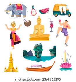 Culture and touristic sights of Thailand, isolated Thai food and cultural heritage. Isolated buddha statue, coconut and elephant, pitaya and watermelon, island and boat. Vector in flat style