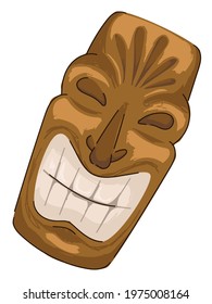 Culture and traditional objects for mayan culture, golden statuette with smiling face and ornaments of forehead. Aztec and mexican religion, ceremonial totem or decoration. Vector in flat style