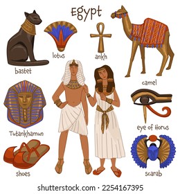 Culture and traditions of ancient Egypt, isolated man and woman wearing antique clothes. Camel mammal and cat deity, scarab and shoes ankh and eye of horus, lotus and tutankhamen. Vector in flat style