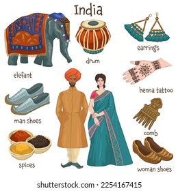 Culture and traditions of india, man and woman wearing traditional clothes and shoes. Indian drums and jewelry, earring and comb. Spices and henna tattoo design, elephant. Vector in flat style