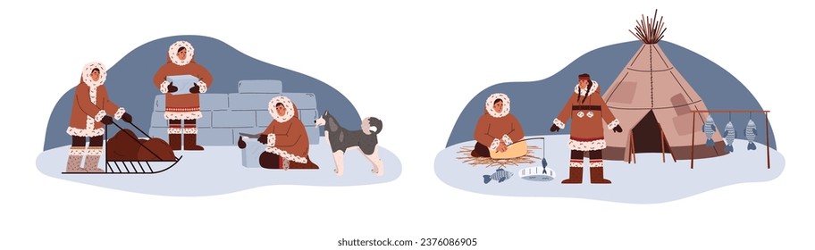 Culture and traditions at the north pole cartoon vector illustrations set. North Arctic people in traditional Eskimos clothing. Construction icehouse, Husky dog. Sleigh with sled, fishing.