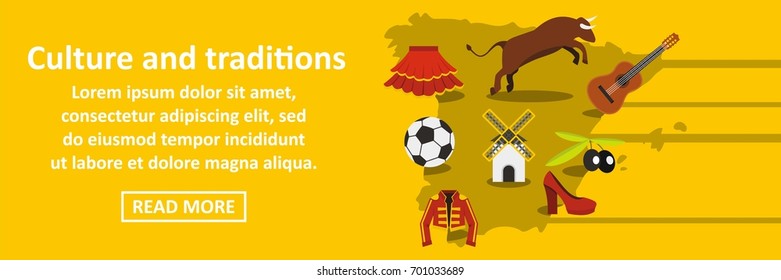 Culture and traditions spain banner horizontal concept. Flat illustration of culture and traditions spain banner horizontal vector concept for web
