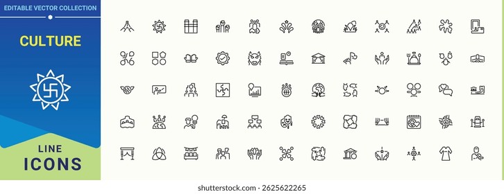 Culture vector icon set. Culture icon set. Outline icons in linear style. Containing art, cinema, theatre, sculpture, musical and more. Vector artwork and illustration.