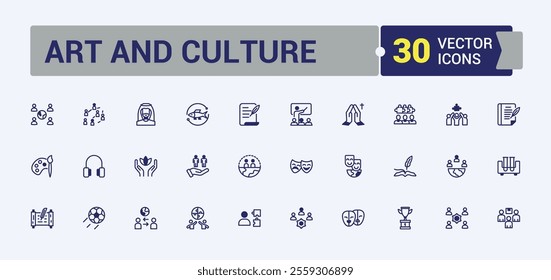 Culture vector line icon set. Related to culture, art, movie, ticket, film, art, and more. Thin outline icons pack. Vector outline and solid icons collection.