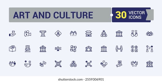 Culture vector line icon set. Related to culture, art, movie, ticket, film, art, and more. Thin outline icons pack. Vector outline and solid icons collection.