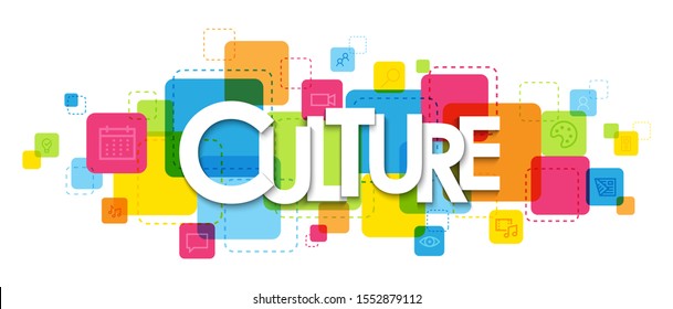 CULTURE vector typography banner on colorful squares with various symbols