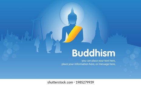 Culture vesak big buddha in shadow at beautiful moon light blue vector background - Buddhism holidays culture Thailand, banner template design