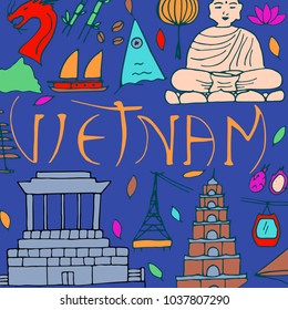 Culture of Vietnam. Asian architectures, symbols. Vector illustration. 